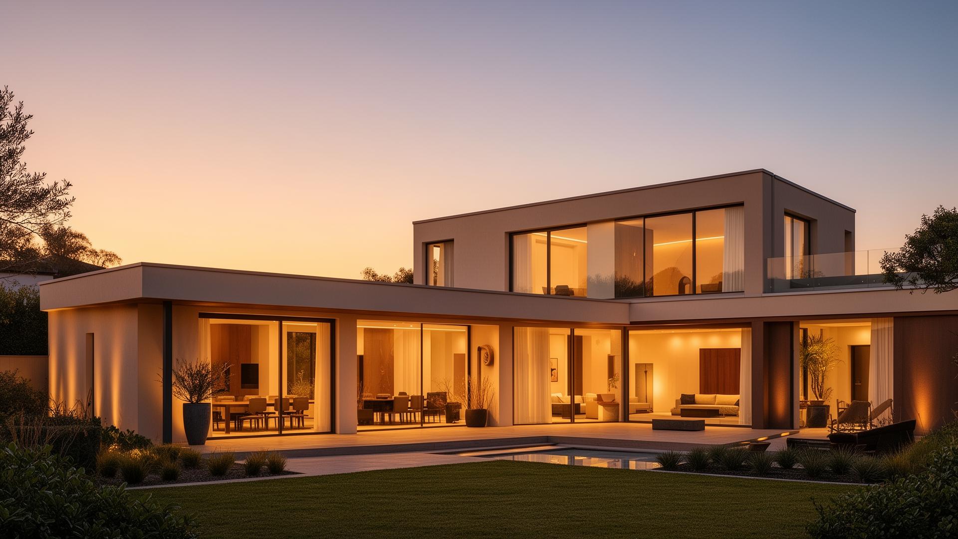 Modern luxury home at golden hour